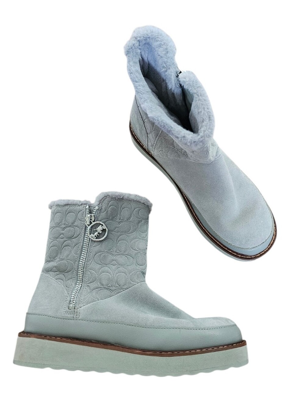 Coach Isa Monogram Suede Faux Fur Lined Boot Washed Steel